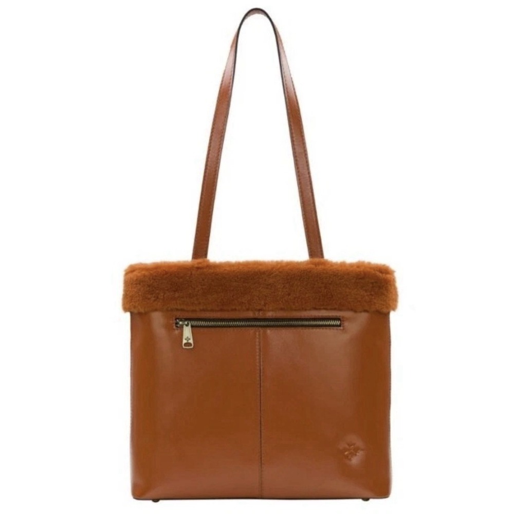 Patricia Nash Ashbur Sherpa Trim Leather Tote Bag Purse Cinnamon